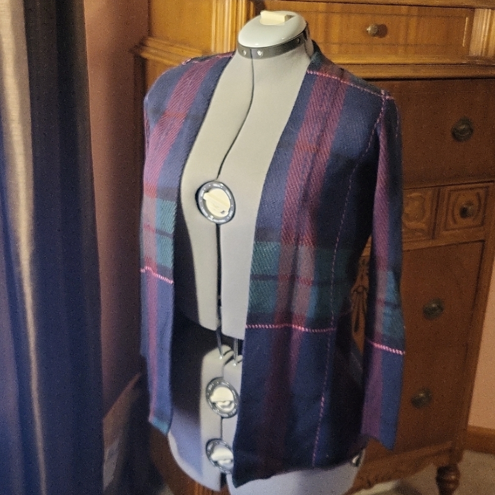 Talbots Navy, Purple & Teal Plaid Open Cardigan